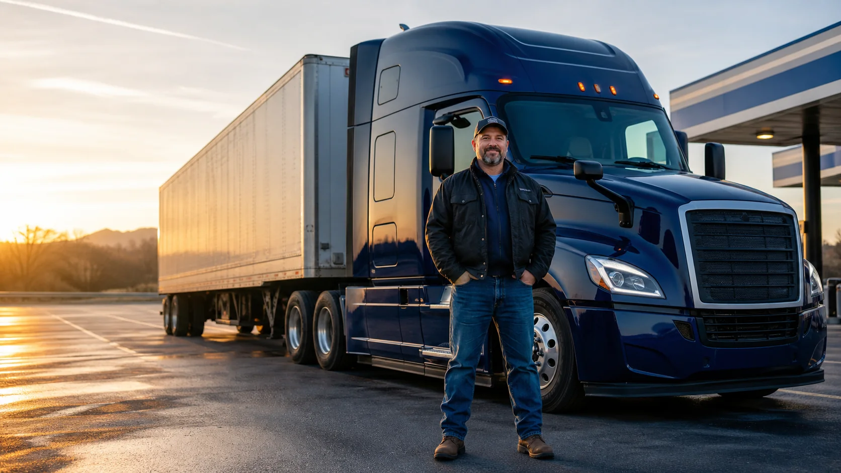 Blue semi truck on the highway
